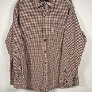Columbia Mens XL Brown Red Gingham Micro Plaid LS 100% Cotton Button Down Shirt